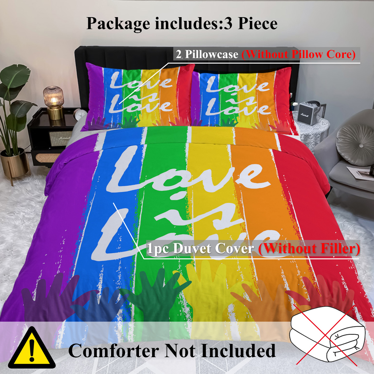 3 Pieces Striped Duvet Cover Set, Microfiber Colorful Stripes Pattern Printed Comforter Cover, Rainbow Striped Bedding Set Soft Breathable Duvet Cover