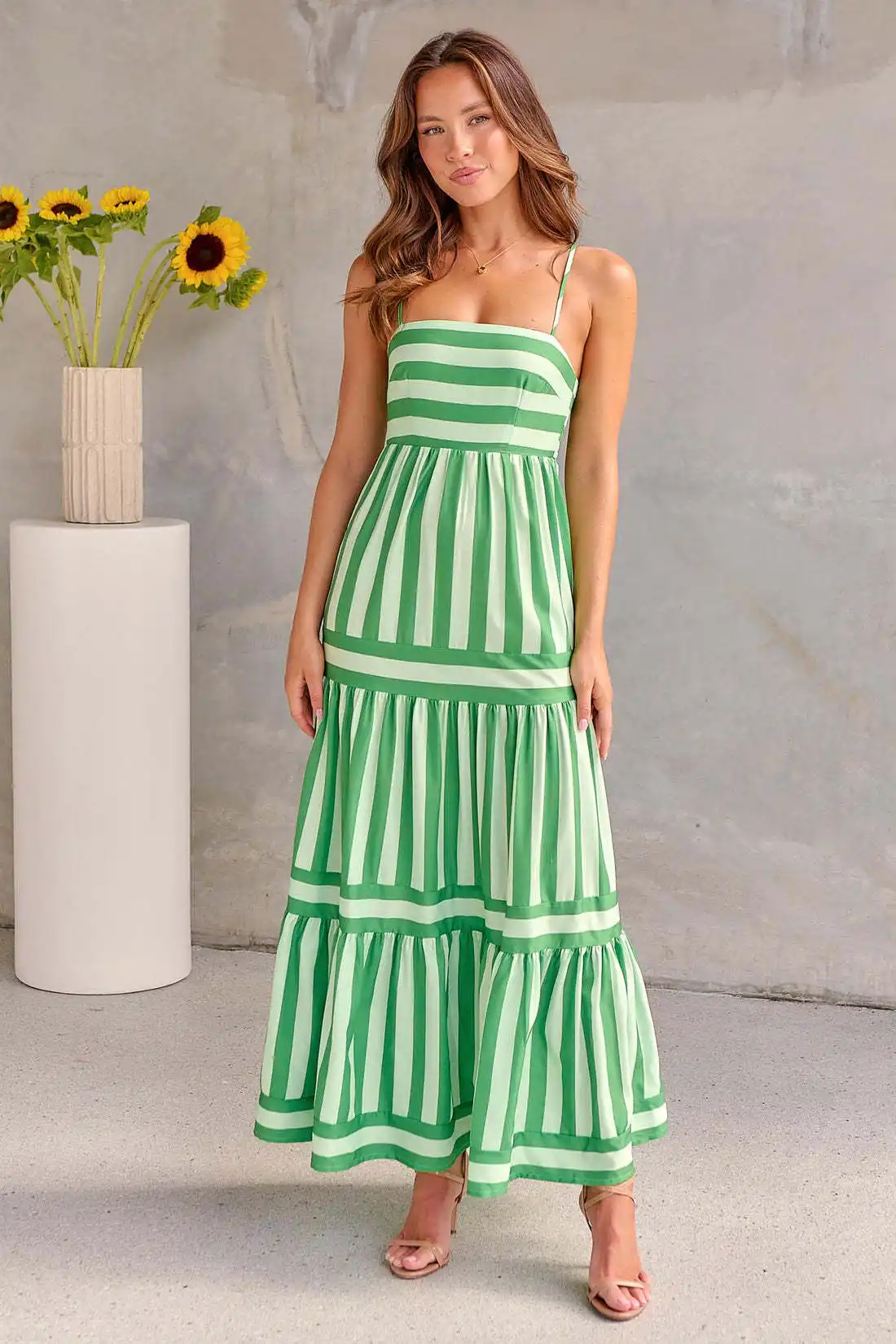 Summer Striped Printed Suspender Long Dress with Pockets Fashion Square Neck