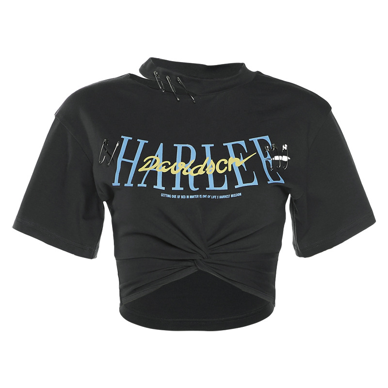 Women's Round Neck Pin Design Pleated Letter Print Slim Sexy Navel T-shirt