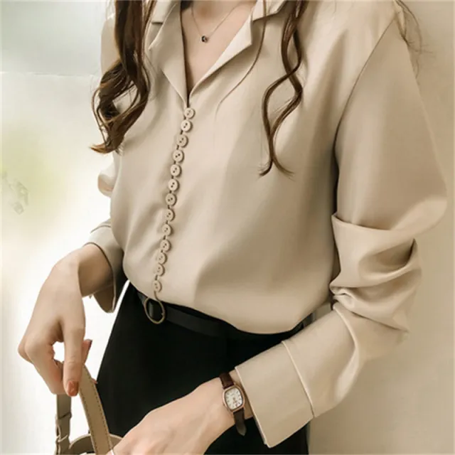 Solid Color Satin Suit Collar Shirt Bottoming Top Apricot - Shop at LoveMi