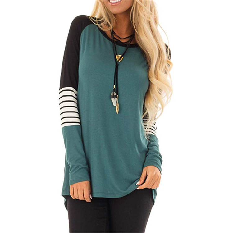Women's Round Neck Color Matching Striped Stitching Long-Sleeved T-Shirt
