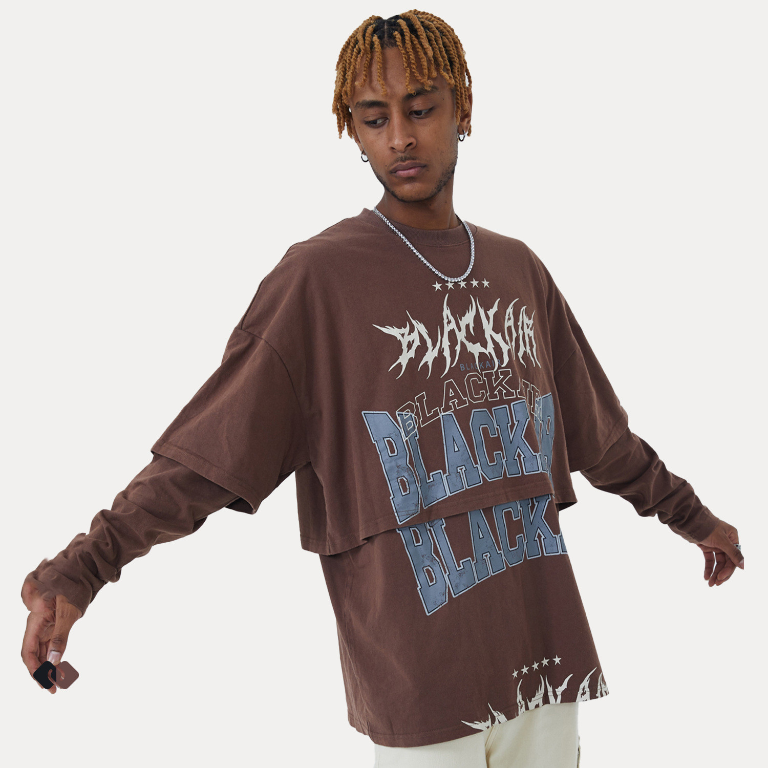 Fake Layered Two-Piece Washed Distressed Long Sleeves