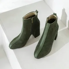 Women's Suede Martin Boots With Square Toe Block Heel - Green - View 1