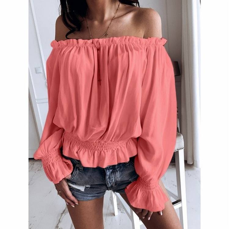 Title 5, Slim Casual One-line Collar Off-shoulder Solid ...