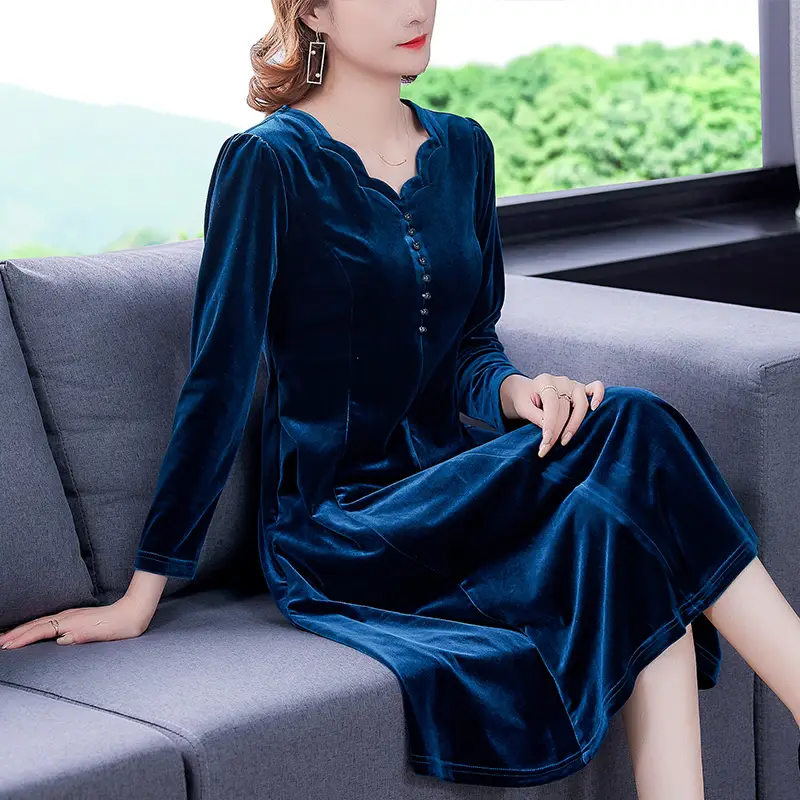 Spring Petal Collar Gold Velvet Long-sleeved Dress