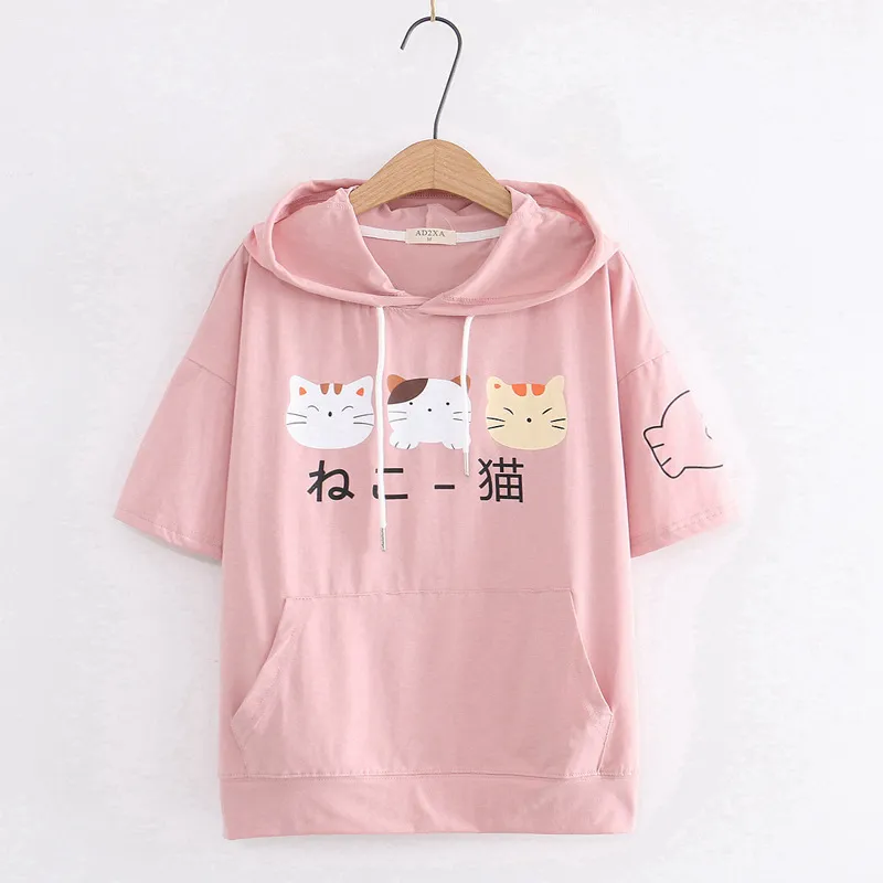 Hooded Short-sleeved T-shirt Girl Student Wear Cartoon Cat - Pink