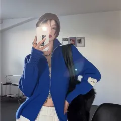 Klein Blue Two-way Zipper Knitted Cardigan For Women Autumn And Winter - Blue - View 1