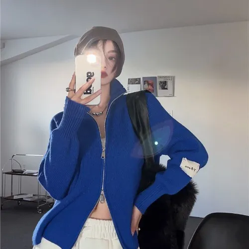Klein Blue Two way Zipper Knitted Cardigan For Women Autumn And Winter Blue - Shop at LoveMi