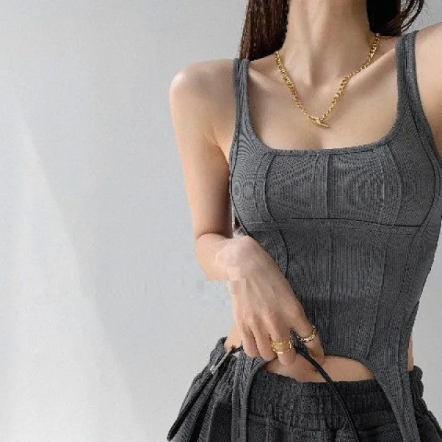 Irregular Hook Chic Bottoming Shirt Outer Wear Square Collar Sleeveless Grey - Shop at LoveMi