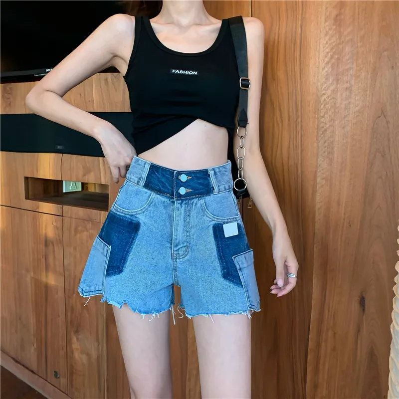 Reverse High Waist Raw Edge Contrast Loose Wide Leg Denim Shorts - Blue