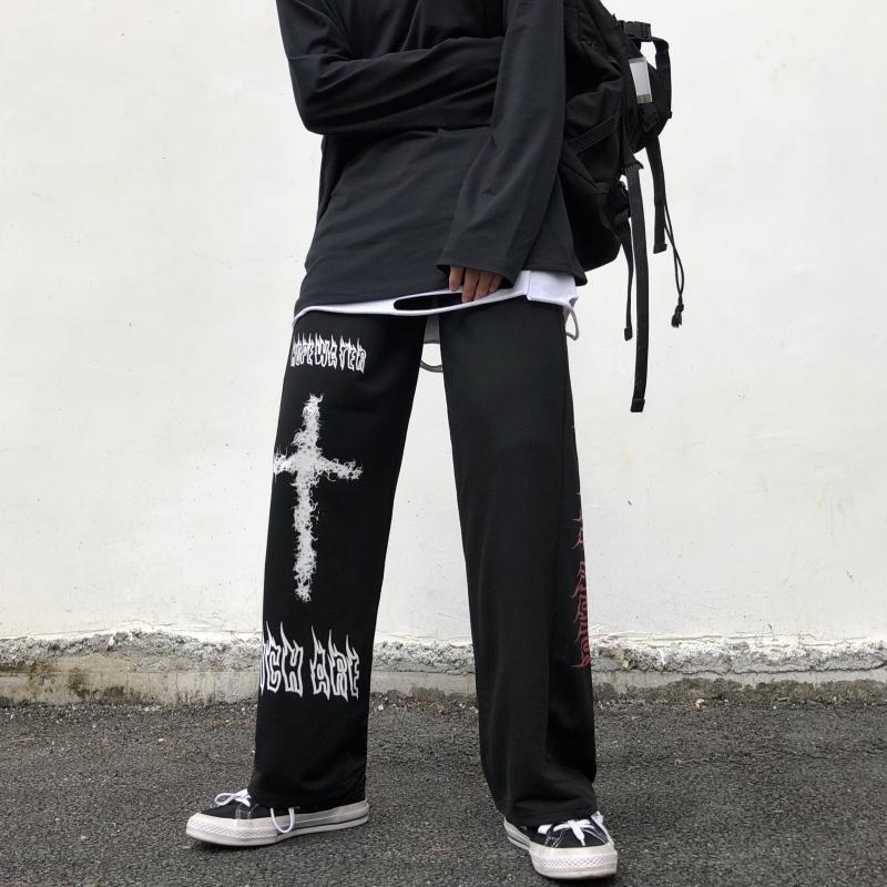 Title 1, Japanese Dark Black Graffiti Straight Wide Leg ...