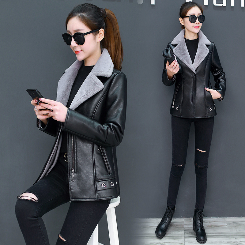Short Fur Plus Velvet Warm Leather Jacket Grey - Shop at LoveMi