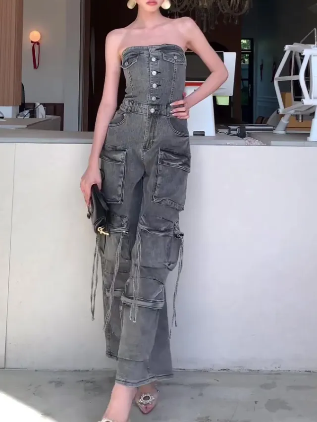 Denim Tube Top Single breasted Jumpsuit Black - Shop at LoveMi