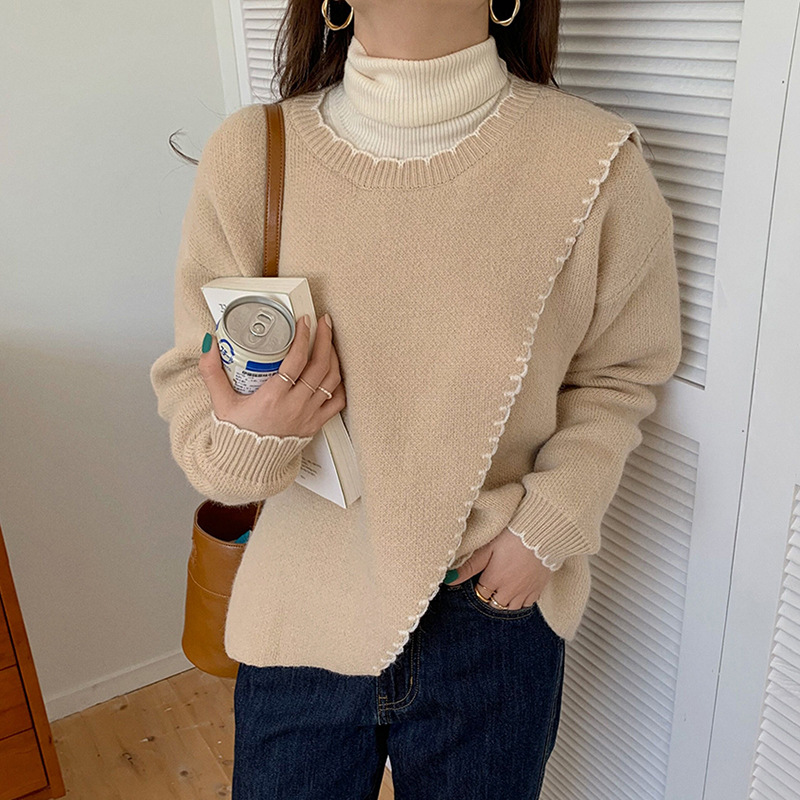 Women's Loose Design Side Slit Long-sleeved Knitted Sweater