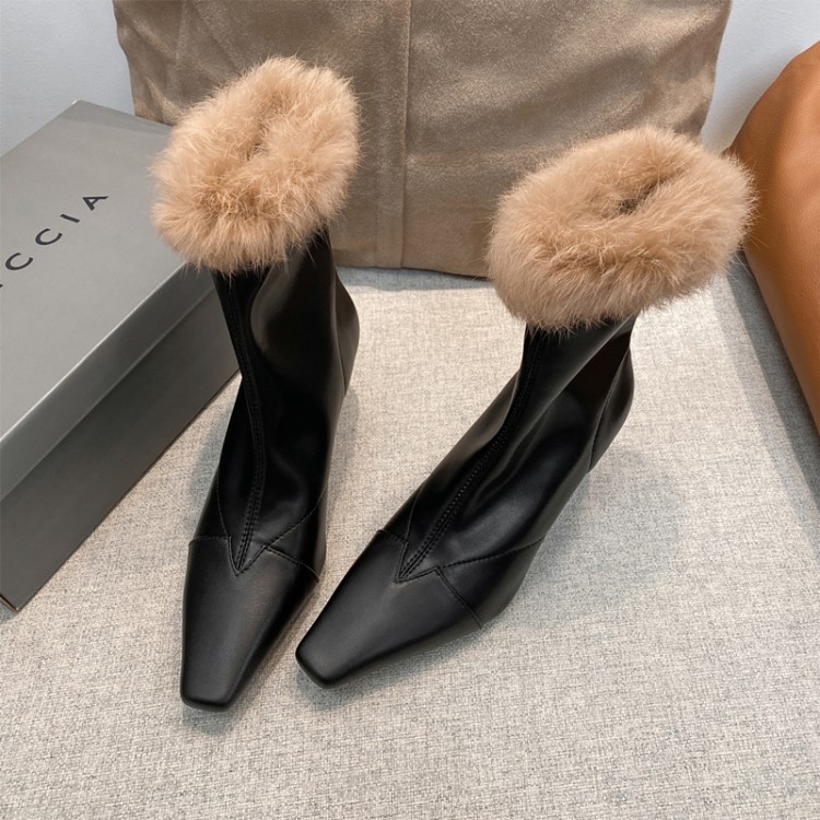 Top Layer Cowhide Rabbit Fur Skinny Boots Small Square Toe Stiletto Heel Stretch