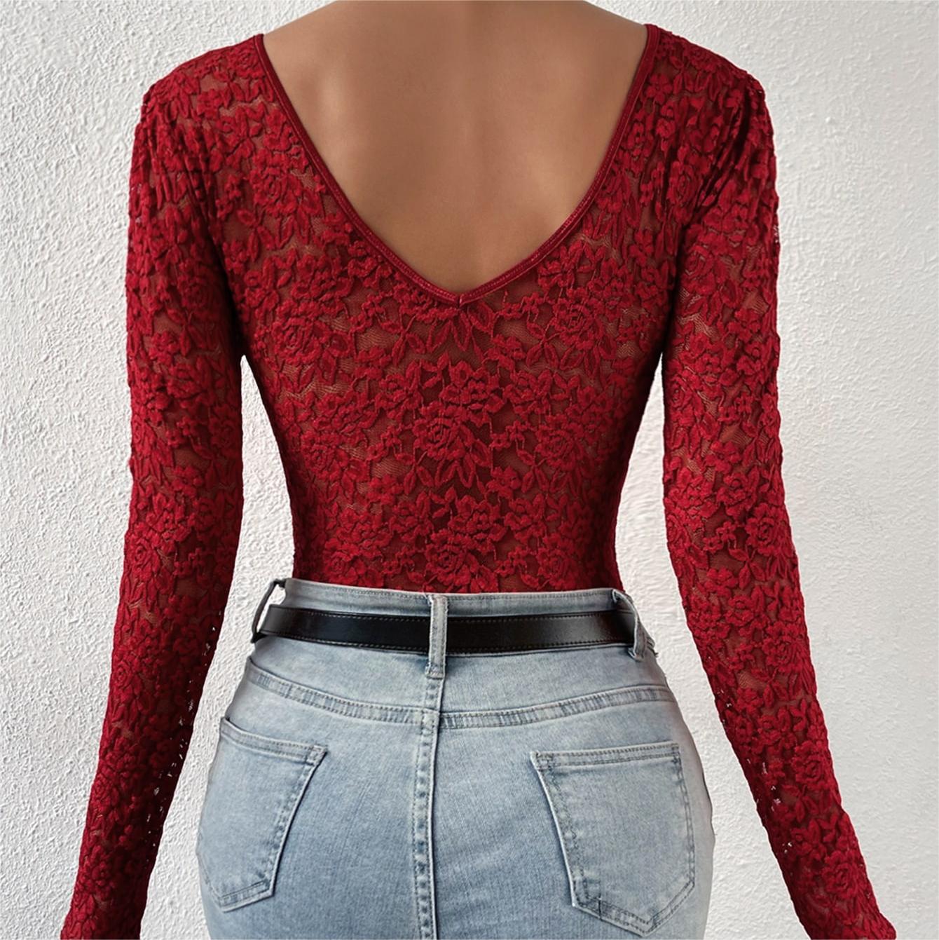 Title 12, Solid Color Lace Long Sleeve Hot Girl See-throu...