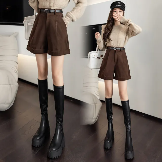 Brown Corduroy Shorts With Martin Boots For Women Caramel Colour - Shop at LoveMi
