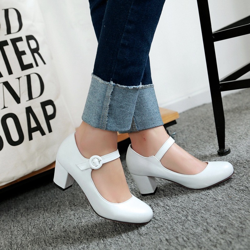 Buckle High Heels Spring Round Head Leisure Low Top Large Size Women's Shoes