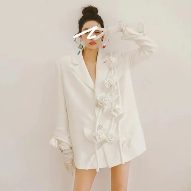 Women's White Three dimensional Flower Loose Suit White - Shop at LoveMi