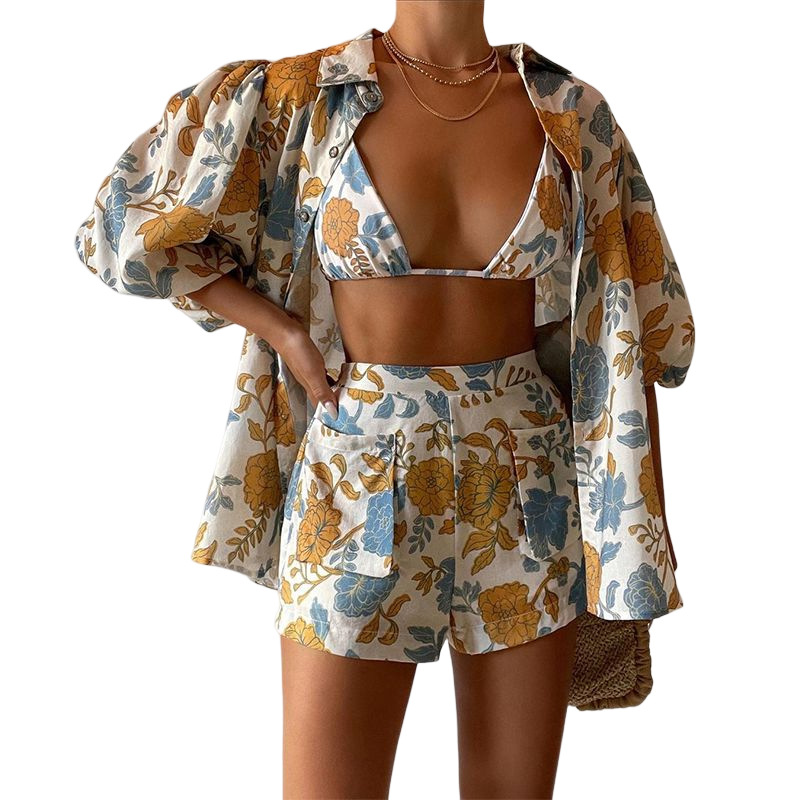 Women's Fashion Print Shirt Vest Shorts Three Piece Set