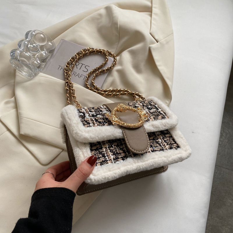 Woolen Fashion Chain Shoulder Bag Retro Plush Stitching Khaki - Shop at LoveMi