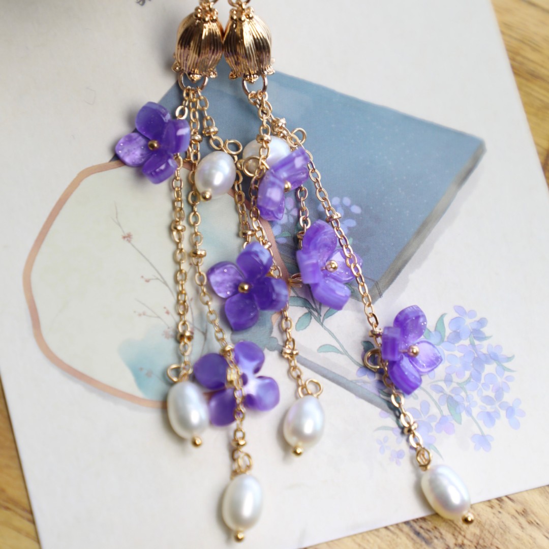 Title 1, Purple embroidered ball long tassel ear clip ni...