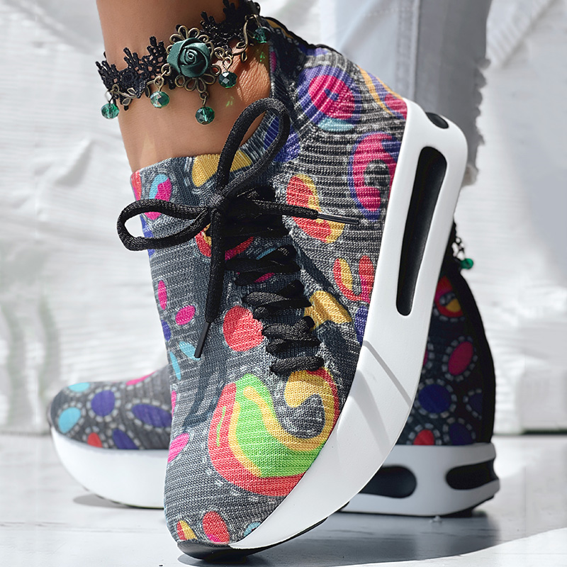 Women's Random Print Side Lace-Up Elastic Sport Shoes, Comfortable Slip-On Sneakers For Women, Casual Daily Wear Footwear — foto 7
