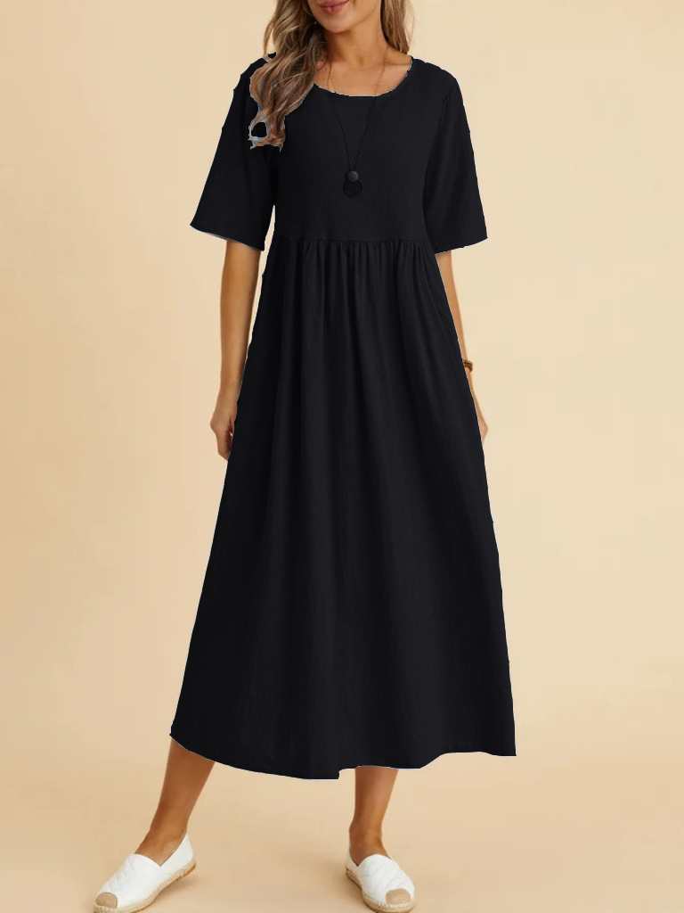 Loose midi dress in navy blue, round neck style front view