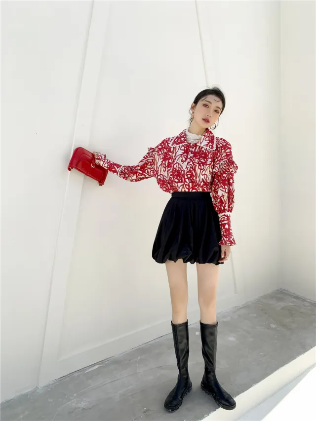 French Retro New Year Red Floral Shirt Red - Shop at LoveMi