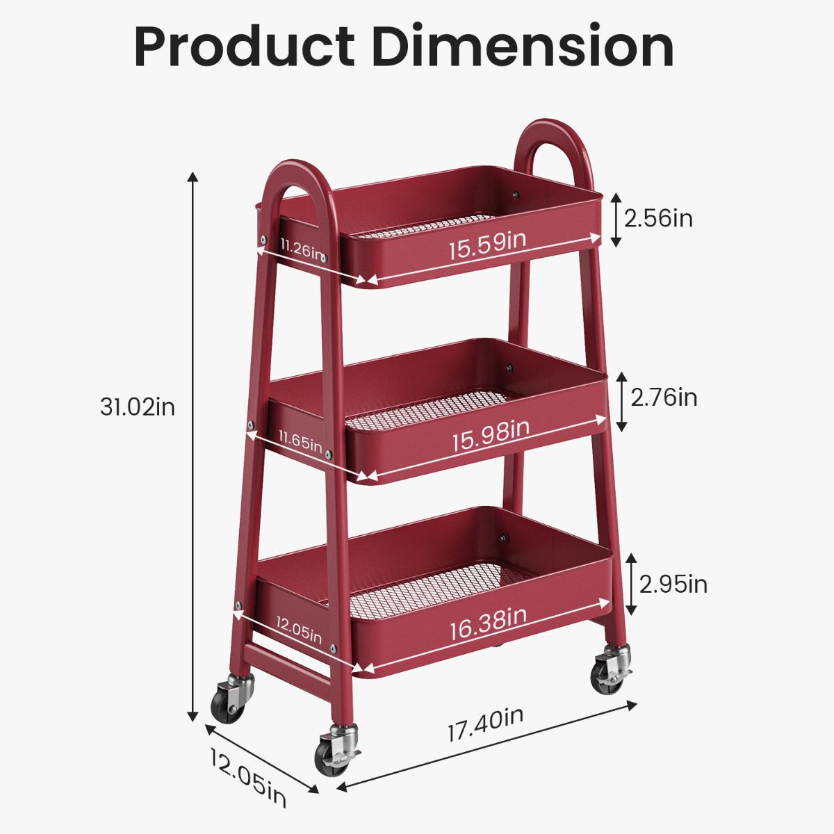 3-Tier Rolling Cart, Metal Utility Storage Cart, Lockable Wheels, For Living Room, Bathroom, Kitchen And Narrow Spaces