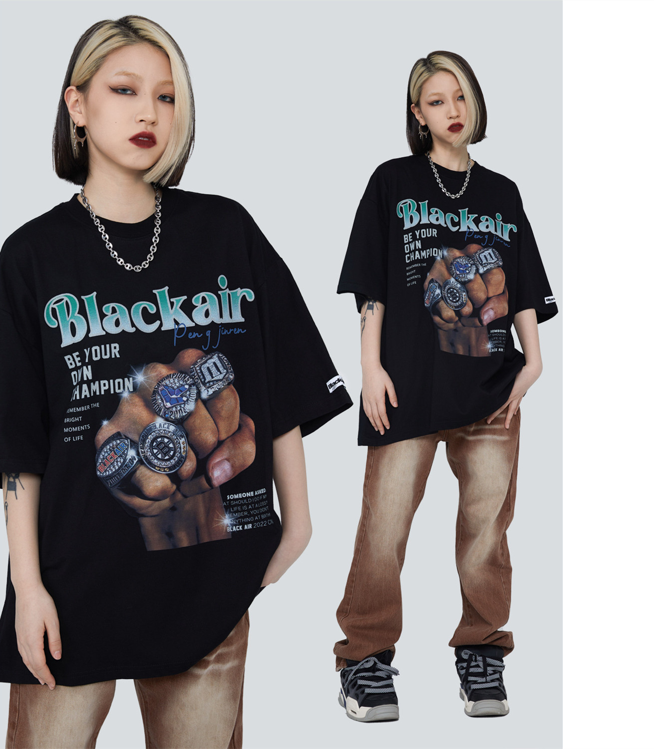 Vintage Print Unisex Ring Fist Print T-shirt Men