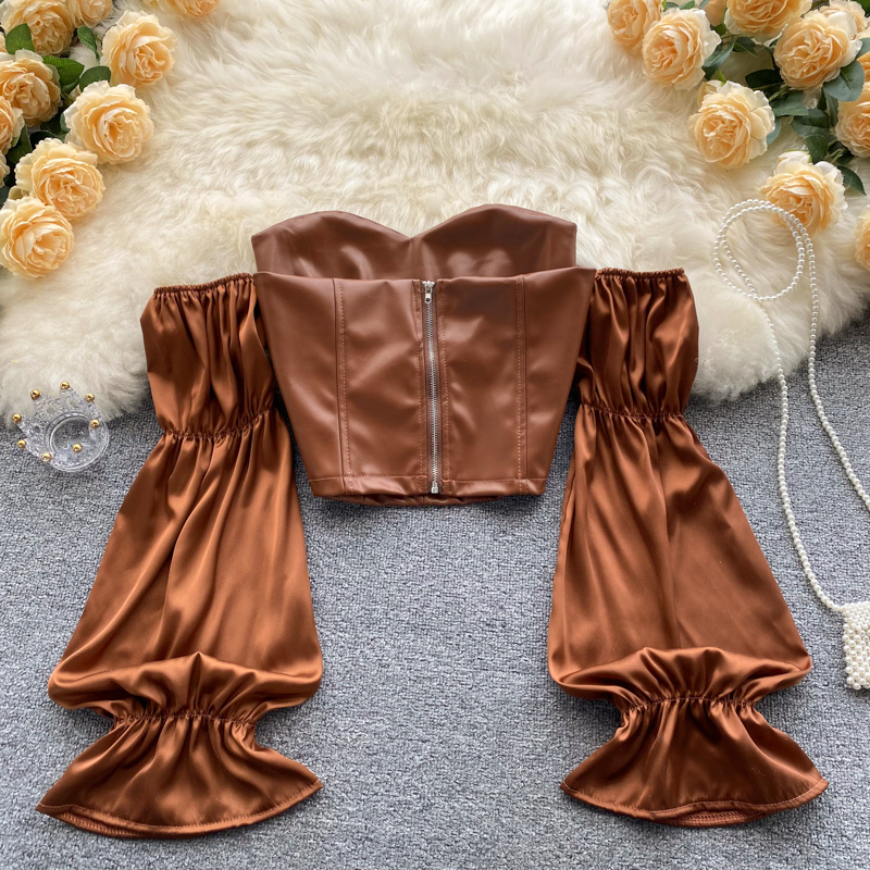 One-shoulder Leather Short Korean Style Top