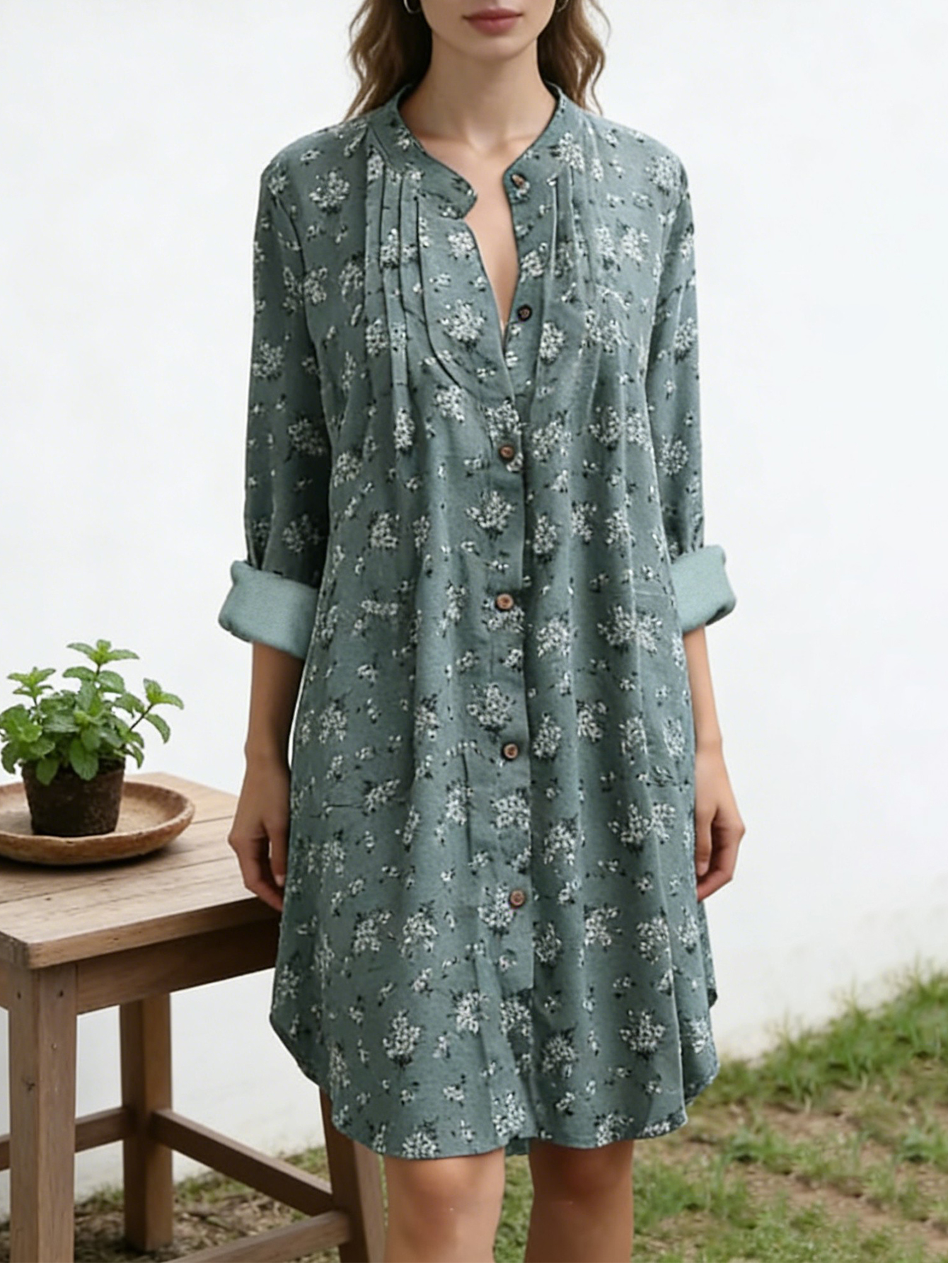 Women Woven Floral Print Stand Collar Roll Up Sleeve Button Down Midi Dress