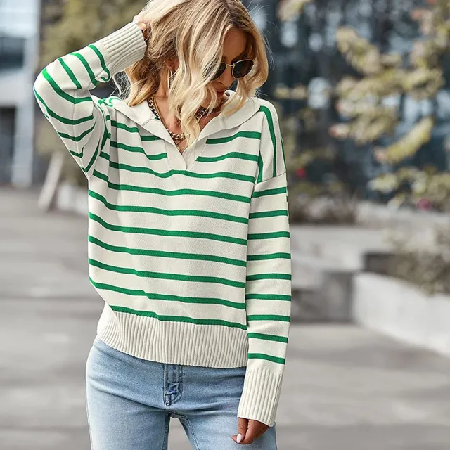 Casual V neck Lapel Striped Sweater Fashion Long Sleeve Tops For Womens Clothing Green - Shop at LoveMi