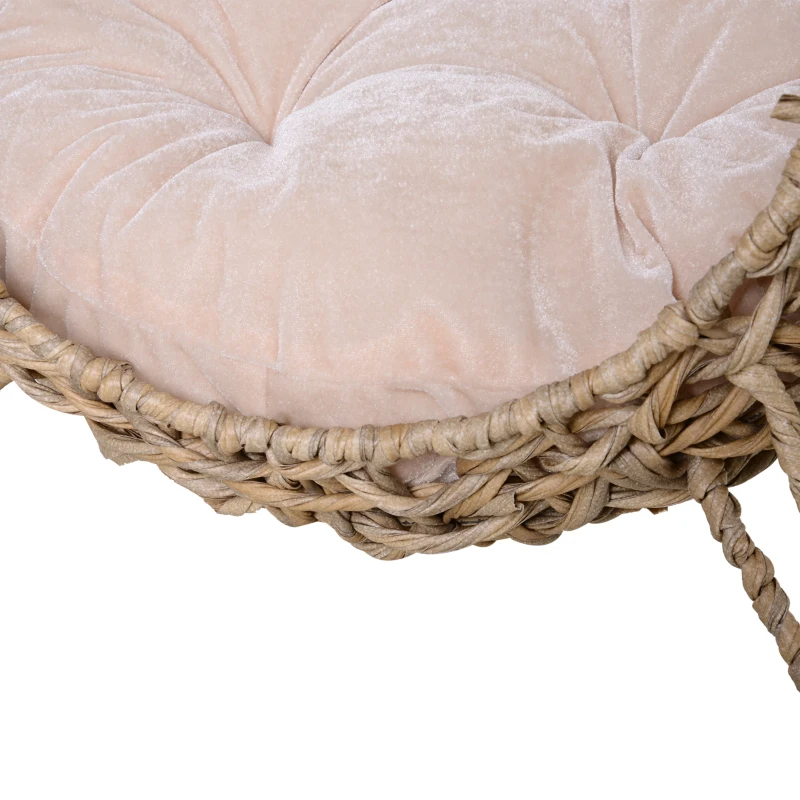 Weaved Cat Bed, Elevated Hand-woven Braided Banana Leaf Kitten House Condo With Cushion, Beige