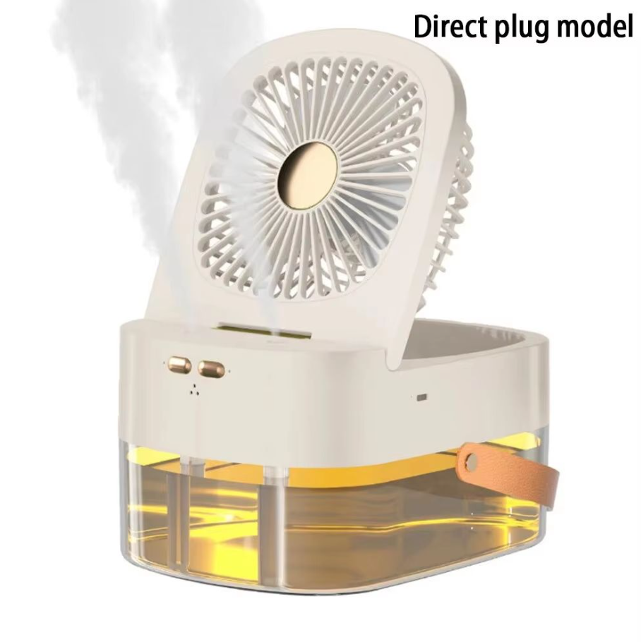 Green White USB Fan 3 Speed Rechargeable & Plug-in Foldable Fan With Humidification Spray Night Light Remote Control Timer