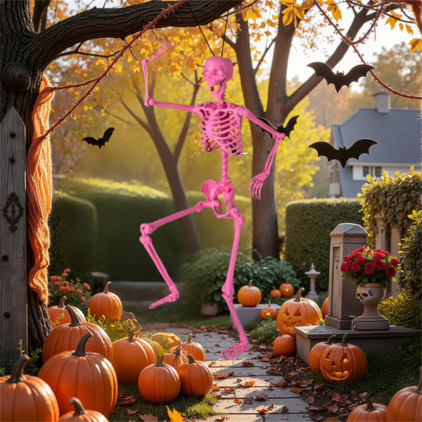 5.5 FT Pink Halloween Skeleton Decor  - No Assembly Needed, Integrated Hanging Rope, Playful-Spooky Vibe for Parties/Yards-23