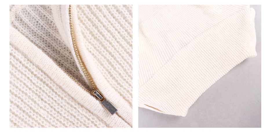Knitted Lantern Sleeve Navy Neck Zip Short Sweatshirt