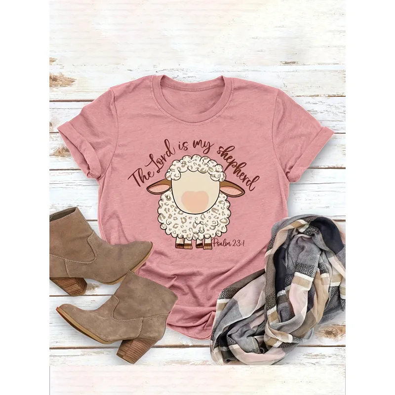 Women's Round Neck Graphic Print Short Sleeve T-Shirt Cute Sheep & Food Quote Design Summer Top - Pink