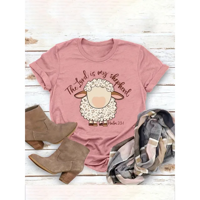 Women's Round Neck Graphic Print Short Sleeve T Shirt Cute Sheep & Food Quote Design Summer Top Pink - Shop at LoveMi