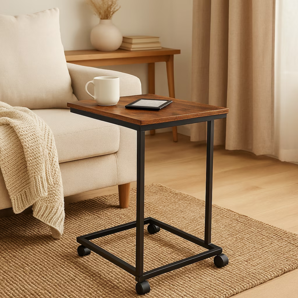 C-shaped Side Table With Casters, Ideal For Placement Beside Sofas, Beds, Or Reading Corners, In Brown  Limit Five Orders Per Address