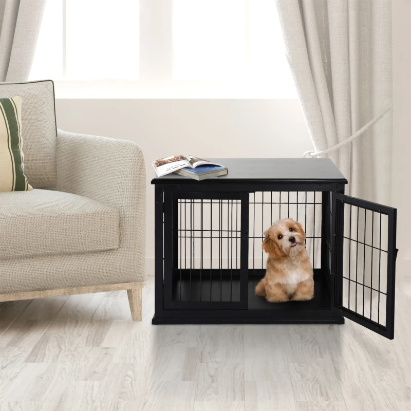 Crate Furniture, 32Small Dog Cage End Table With 2 Doors, Lockable Door, Puppy Kennel Indoor, Black