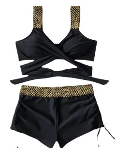 Solid Color High Waist Bikini For Women - Black - View 1