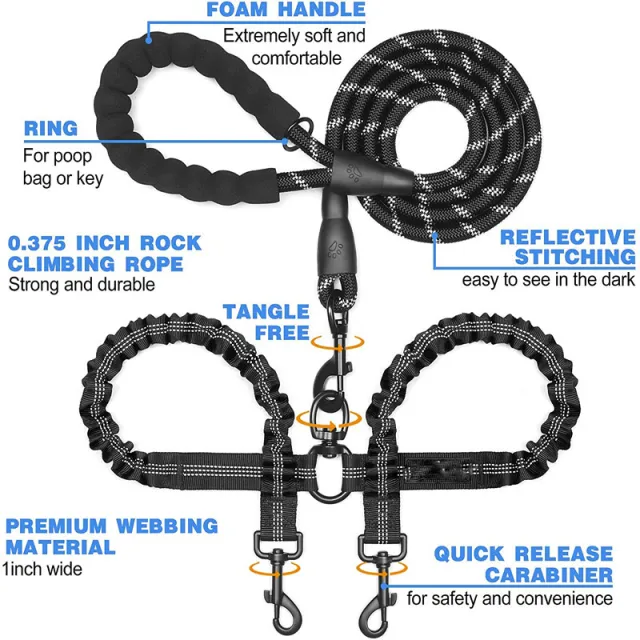 Explosion proof Double headed Pet Leash With Luminous Black - Shop at LoveMi