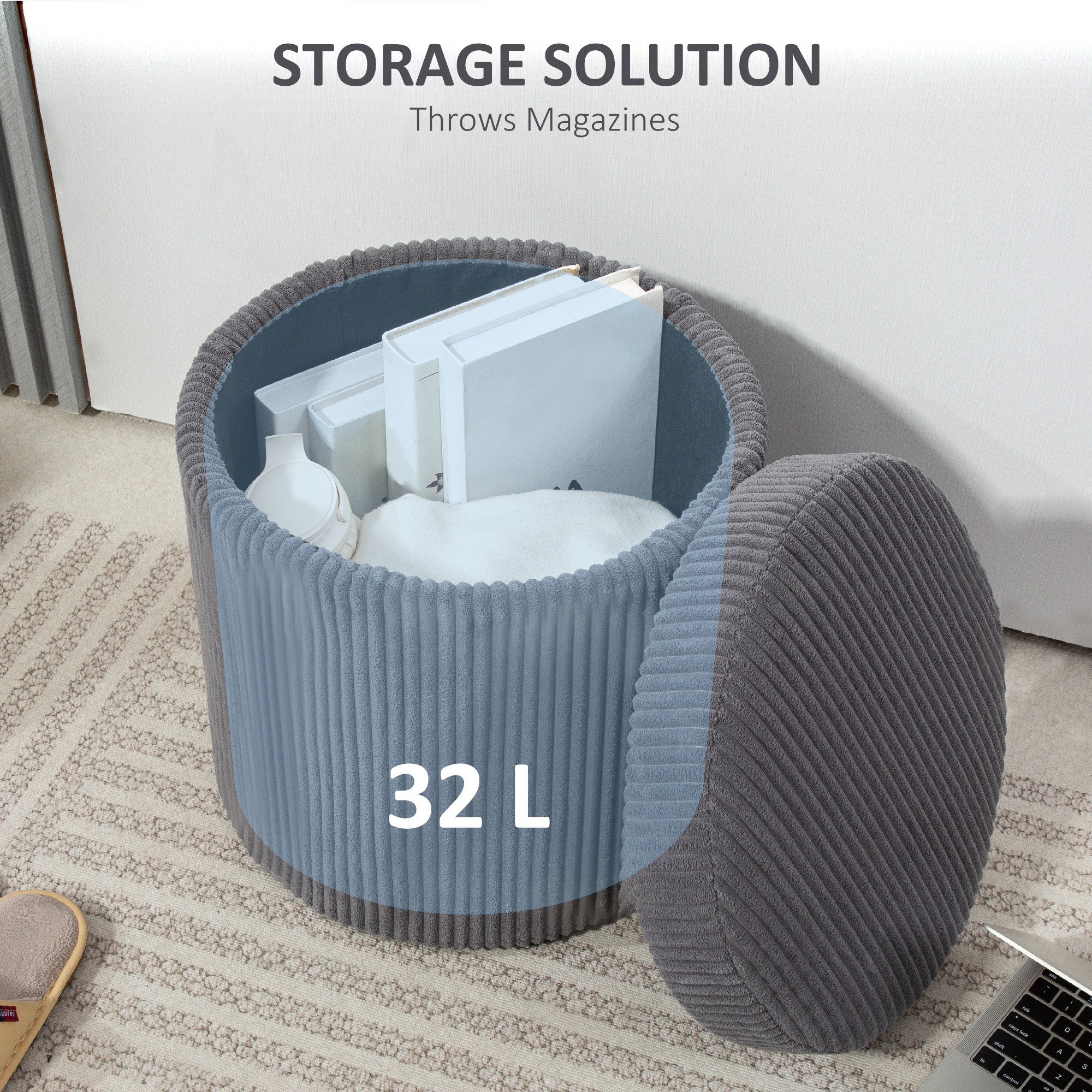 40cm Round Storage Footstool, Made Of Corduroy Material, With Detachable Lid — image 3