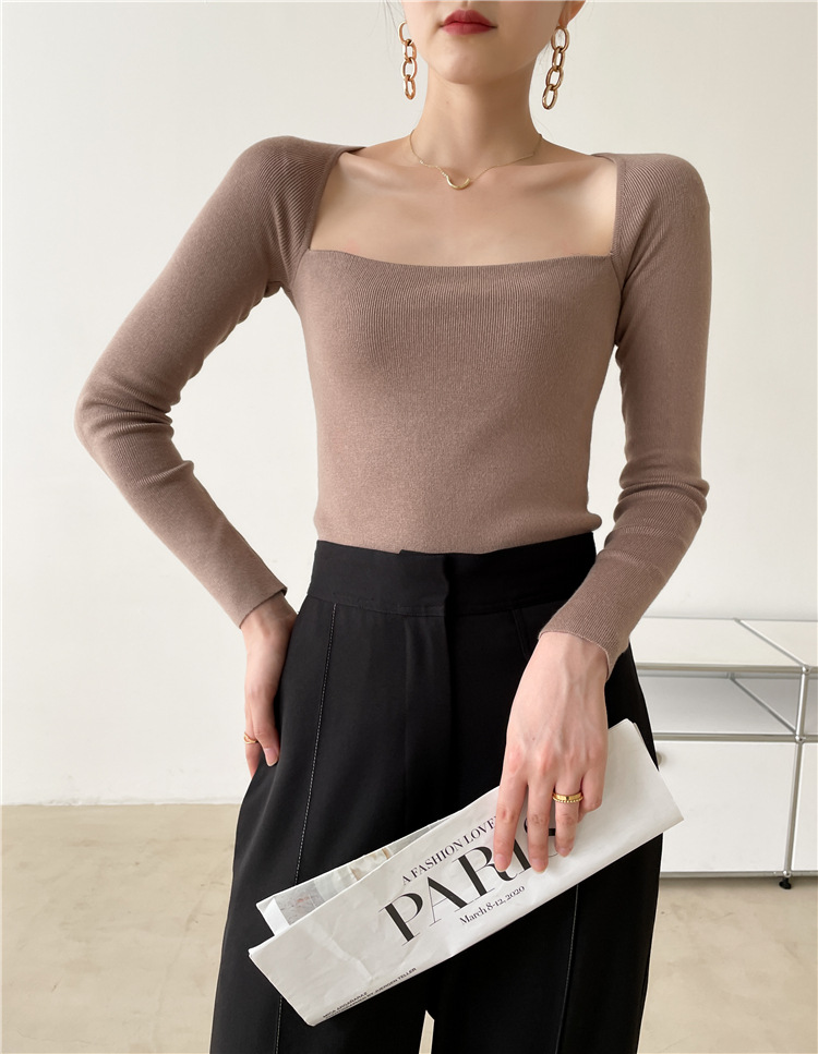 Title 19, French Square Collar Exposed Collarbone Slim Sl...