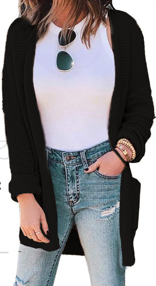 Pure Color Waffle Check Pocket Knit Cardigan Jacket