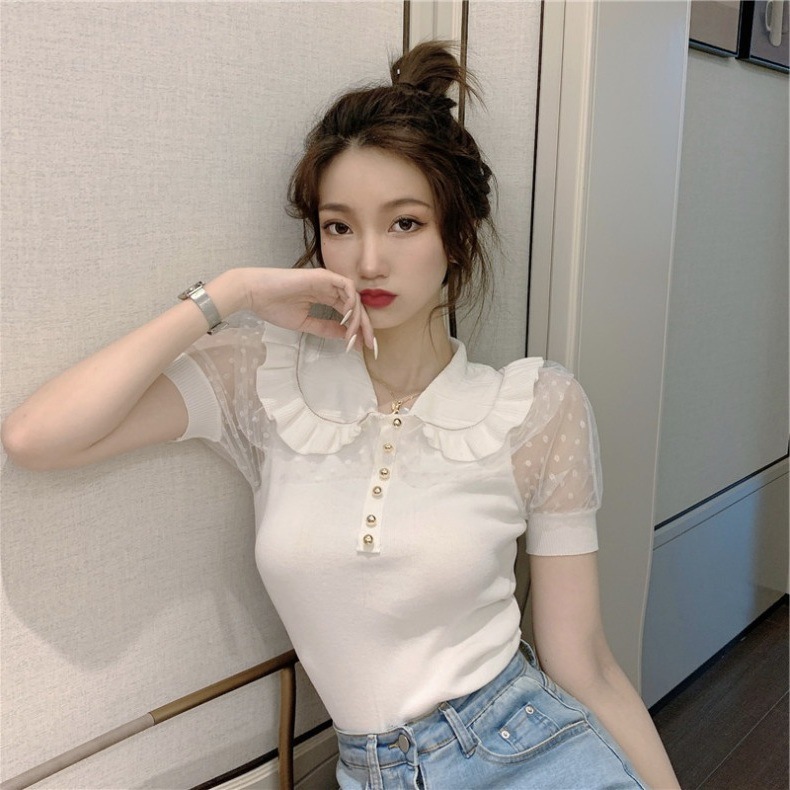 Women's Stitching Puff Sleeve Short Sleeve T-shirt Collarbone Scheming Top