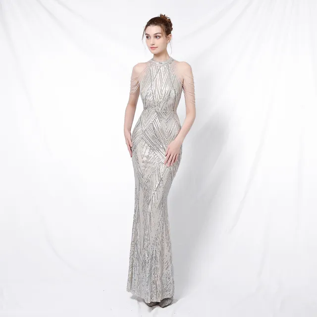 Backless Evening Dress Women Party Dress Long Wear Sequin Fabric Apricot - Shop at LoveMi