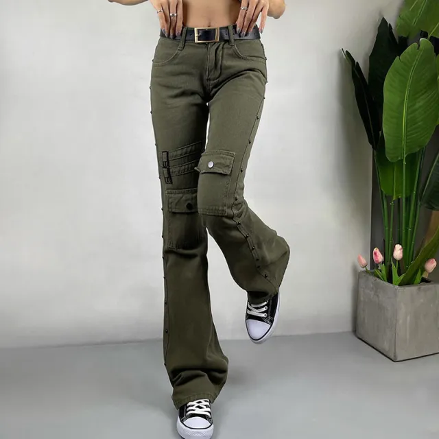 High Street Fried Street Straight Pants Cargo Pants Jeans Dark Green - Shop at LoveMi
